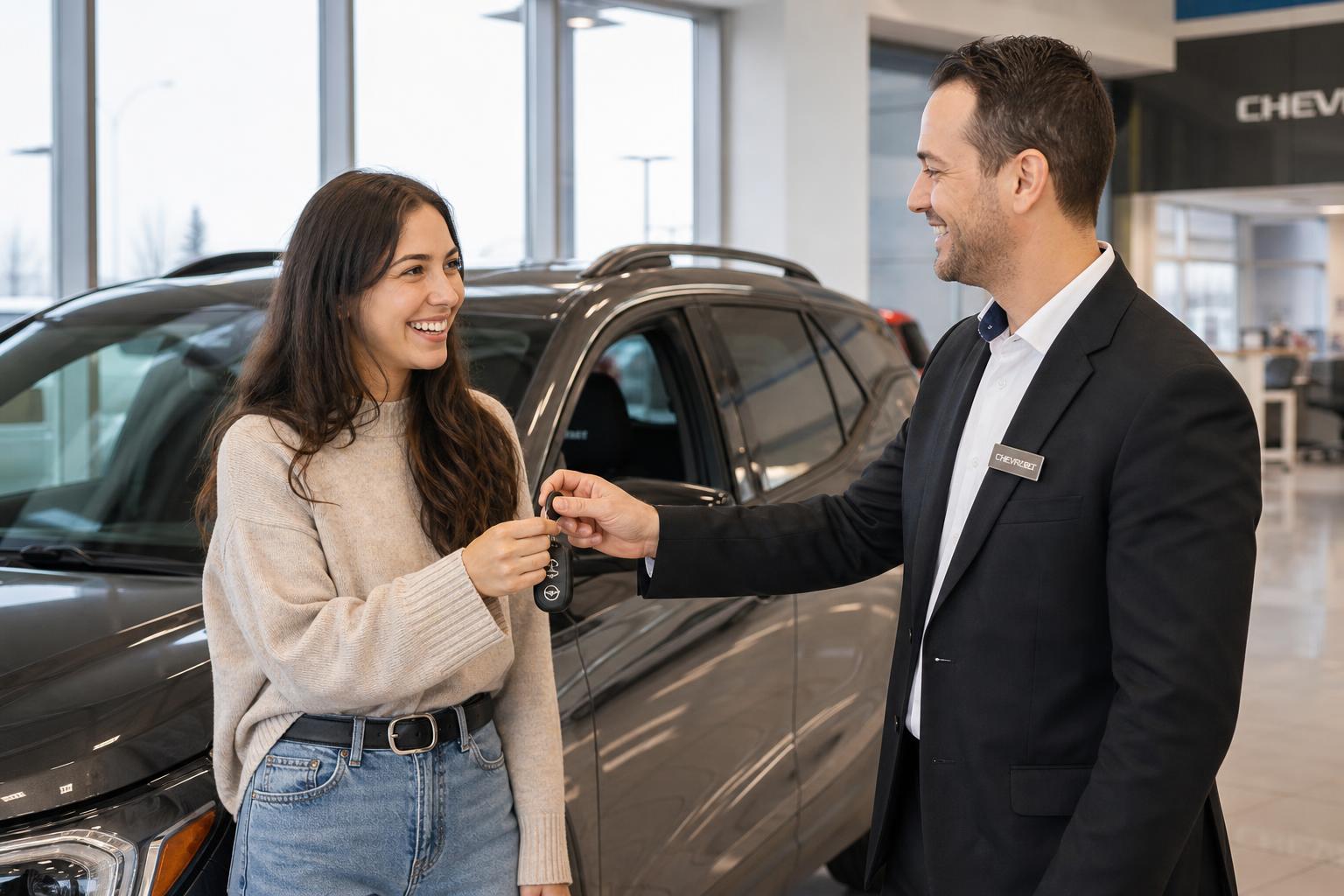 Customer receiving keys from a dealership advisor